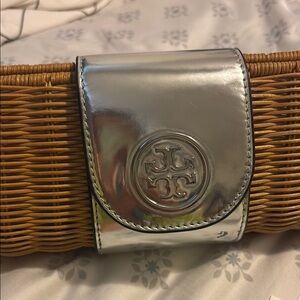 Tory Burch Silver Metallic Rattan Clutch
